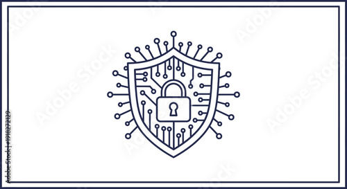 Cybersecurity concept with shield and lock.