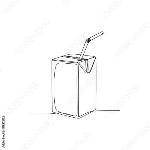 Milk carton with drinking straw line art drawing illustration for milk packaging