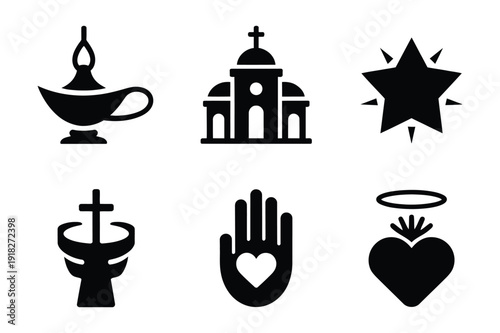 Spiritual and religious black silhouette symbols, white background