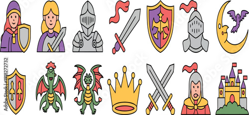 Hand drawn illustration medieval game icons and symbols Vector