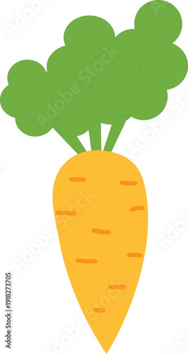 Simple flat vector illustration of a bright orange carrot with green leaves.