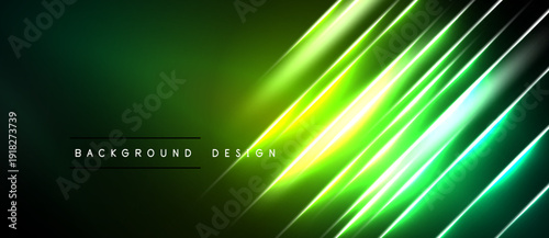 Abstract green background features dynamic light streaks. Bright neon lines create futuristic, energetic visual effect. Dark space surrounds vibrant glow.