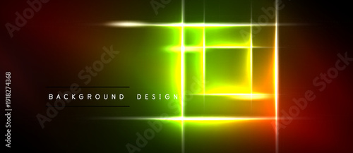 Abstract neon lights form geometric shapes over dark background. Vibrant gradients create dynamic visual effect. Modern design element.