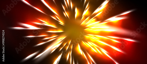 Bright explosion radiates outward. Intense yellow, orange, white streaks against dark background. Dynamic energy effect.