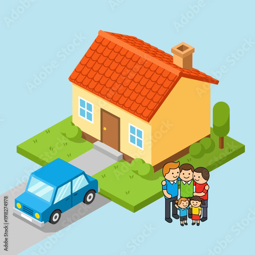 Happy family standing outside their new house with a car parked in the driveway