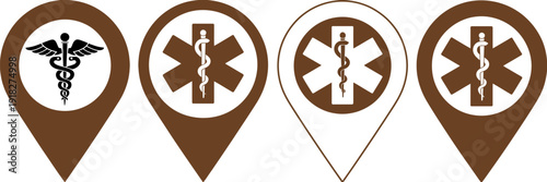 vector illustration of medical location map pins with healthcare symbols, including caduceus and emergency star for hospital clinic finders and medicine apps.