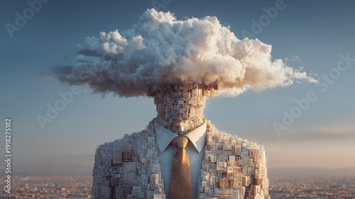 Businessman With Cloud Head Made Of City Buildings Representing Stress, Creativity And Cloud Computing