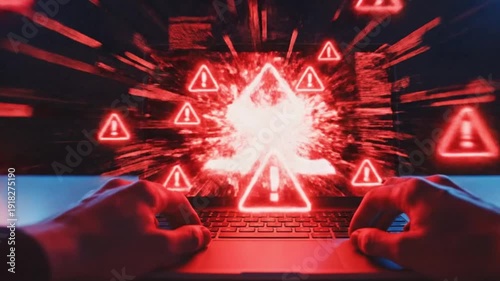 Cyber Attack Holographic Explosion – Intense Laptop Security Breach Concept, computer virus alert sign