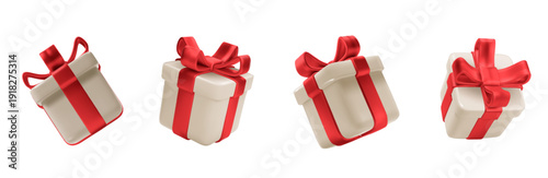 Festive red present box PNG with elegant white bow ribbon. Realistic 3D Christmas gift illustration isolated, ideal for birthday xmas celebrations and holiday surprise designs.