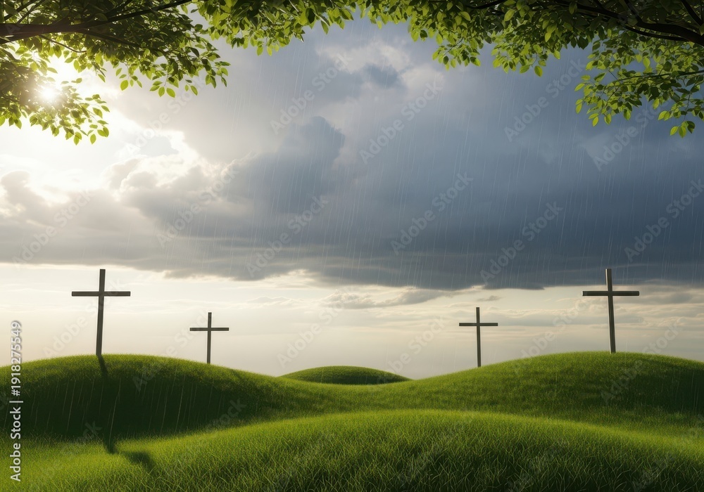Obraz premium Easter Crosses on Grassy Hills Under Cloudy Sky - Christian Faith Concept
