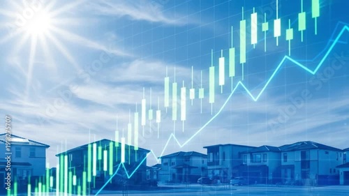 Rising Stock Market – Economic Prosperity and Real Estate Boom Concept, stock market graph on blue