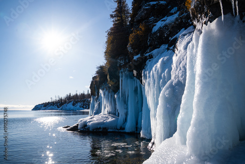 Frozen icicles at the shores of Lake Superior, North Shore Minnesota during winter 