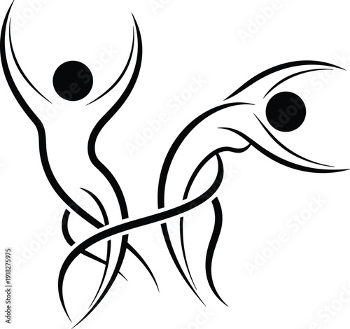 Abstract black line art illustration of two figures dancing and moving with fluid strokes isolated on a white background, minimalism