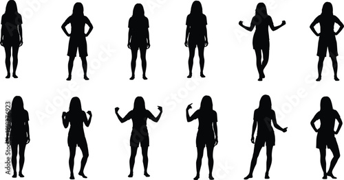 Black silhouette collection of a woman standing in various poses, casual positions, and hand gestures isolated on a white background