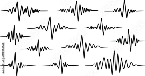 Sound Wave Heartbeat Pulse Line Collection - Audio Waveform ECG Medical Monitor Patterns with Frequency Rhythm for Music Health Graphics and Technology Visualization - 12 Variations Vector Set
