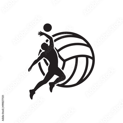 Volleyball Player Spiking Ball with Large Volleyball Icon Silhouette Vector