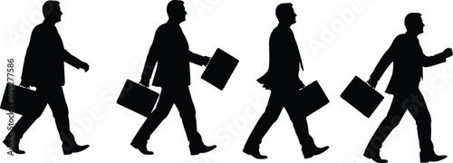 Black silhouette of a businessman in a suit walking with a briefcase in various motion poses isolated on white background