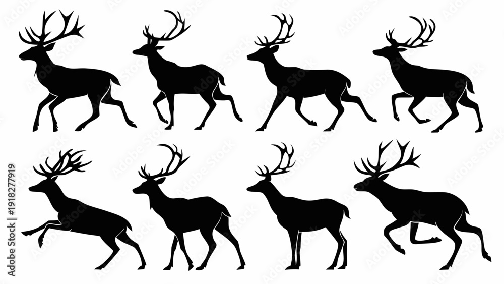 Fototapeta premium Set of Black Deer Silhouettes in Motion