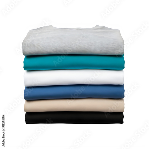 A stack of folded t shirts in different colors isolated on transparent background