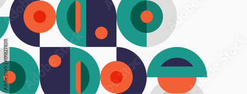 Abstract geometric pattern. Shapes overlap, creating colorful design. Teal, orange, purple dominate composition. Modern aesthetic.