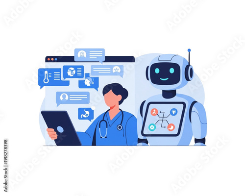Doctor Collaborating with AI Medical Chatbot Robot, Clinical Decision Tree Interface, Symptom Triage Messaging, Smart Telemedicine Support, Digital Healthcare Concept, Flat Vector Illustration