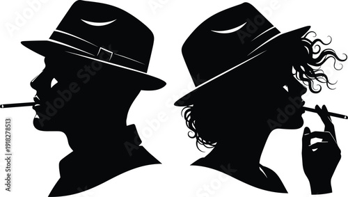 Black silhouette of a man and woman wearing hats and smoking cigarettes in side profile isolated on a white background