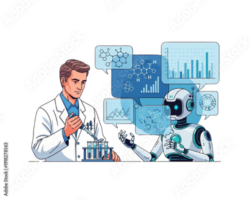 Scientist Doctor Collaborating with AI Robot in Laboratory, Medical Research Data Analytics, Drug Discovery Chemistry Charts, Biotechnology Innovation Concept, Flat Vector Illustration