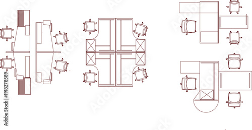 Modular office workstation clusters and team desk layouts featuring ergonomic seating for corporate floor plan integration.