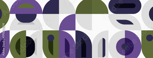 Abstract geometric pattern. Circles, rectangles overlap creating modern design. Purple, olive, gray hues dominate composition.