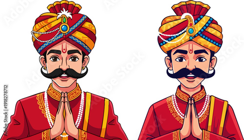 Two Indian men in traditional Rajasthani attire with turbans and mustaches, performing Namaste gesture, isolated on a white background. Created in a detailed cartoon vector style with vibrant