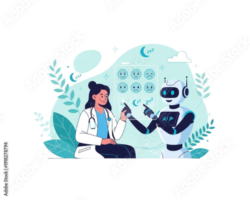 Therapist Doctor Collaborating with AI Robot for Mental Health Assessment, Mood Tracker Interface, Sleep Support Counseling, Digital Wellness Care Concept, Flat Vector Illustration