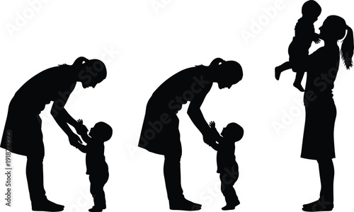 Black silhouette of a mother playing with her baby, holding child and helping toddler walk isolated on a white background