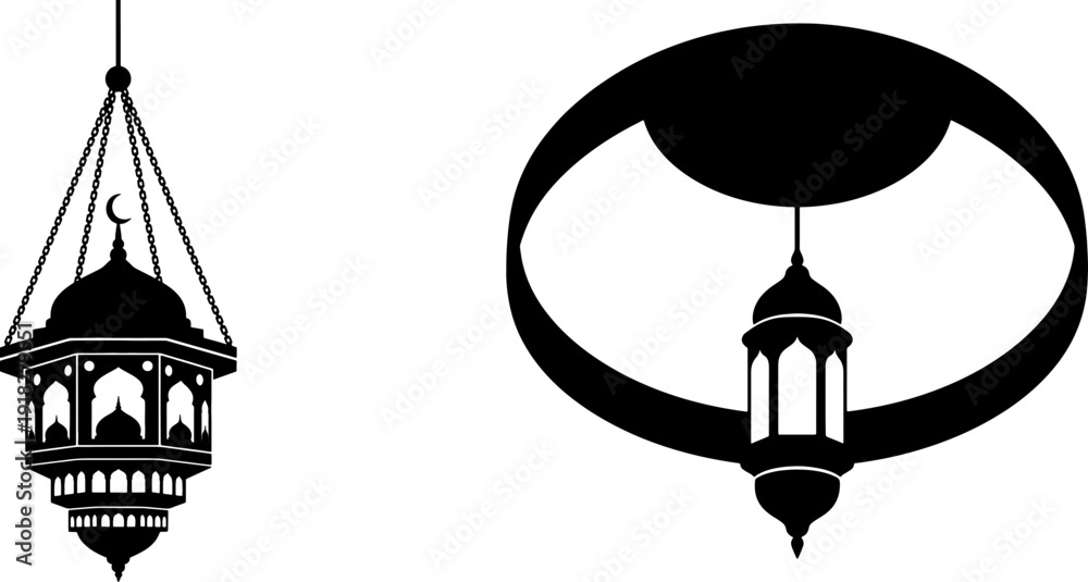 Naklejka premium Black silhouette islamic lanterns vector with crescent moon for ramadan greeting cards