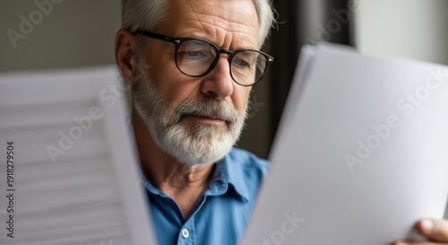Older man wearing glasses reading documents with serious expression