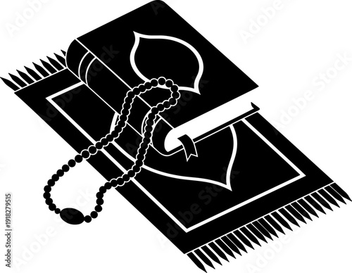 Black silhouette vector of quran prayer mat and prayer beads for islamic greeting card