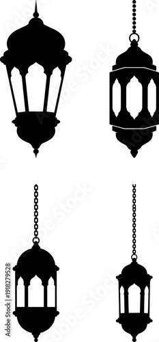 Hanging traditional islamic lantern black silhouette vector for ramadan greeting cards