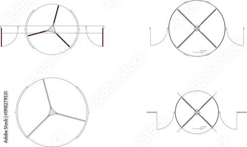 Professional revolving door floor plan symbols featuring three-wing and four-wing entrance designs for commercial buildings.