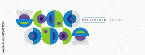 Abstract shapes, circles, curves create playful background. Colors include blue, purple, green. Minimalist design, simple composition.