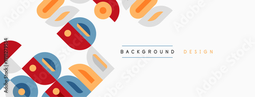 Abstract geometric shapes overlap, creating colorful background. Minimalist design features muted tones, simple forms. Text reads background design.