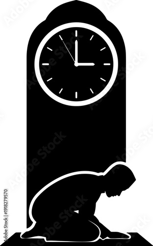 Black silhouette of muslim person praying with clock for islamic prayer time app