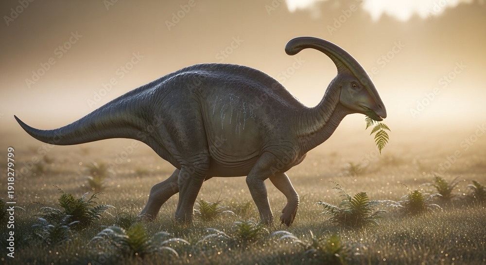 Fototapeta premium A prehistoric Parasaurolophus walking in a misty, grassy environment with a leaf in its mouth