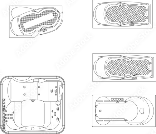 Luxury hot tub and spa collection featuring whirlpool designs with anti-slip textures and massage jet layouts in top view.