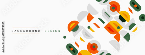 Abstract geometric shapes overlap, creating vibrant background. Colors include orange, green, gray, beige. Minimalist design feels modern, playful.