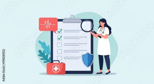 Doctor reviewing medical checklist with magnifying glass