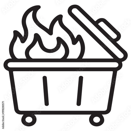 Outline icon of a mobile trash bin on wheels with fire burning inside representing outdoor burning or waste disposal issue