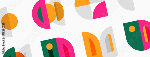 Abstract geometric shapes repeat. Circles, semicircles, triangles create playful pattern. Bright colors dominate white background.