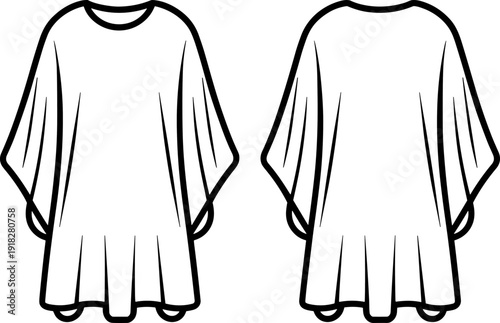 Long Sleeve Flowy Mini Dress Front and Back View Flat Fashion CAD Outline Template Women Apparel Illustration