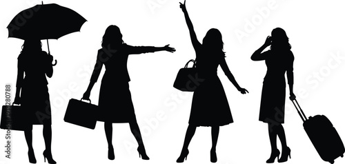 Black silhouette of professional businesswomen with suitcases and umbrella in various travel and office poses isolated on a white background