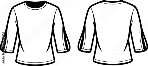 Long Sleeve Raglan T Shirt Front and Back View Flat Fashion CAD Outline Template Minimal Apparel Illustration