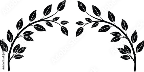 Black silhouette of two curved leaf branches and laurel wreath decorative elements isolated on a white background for frame design